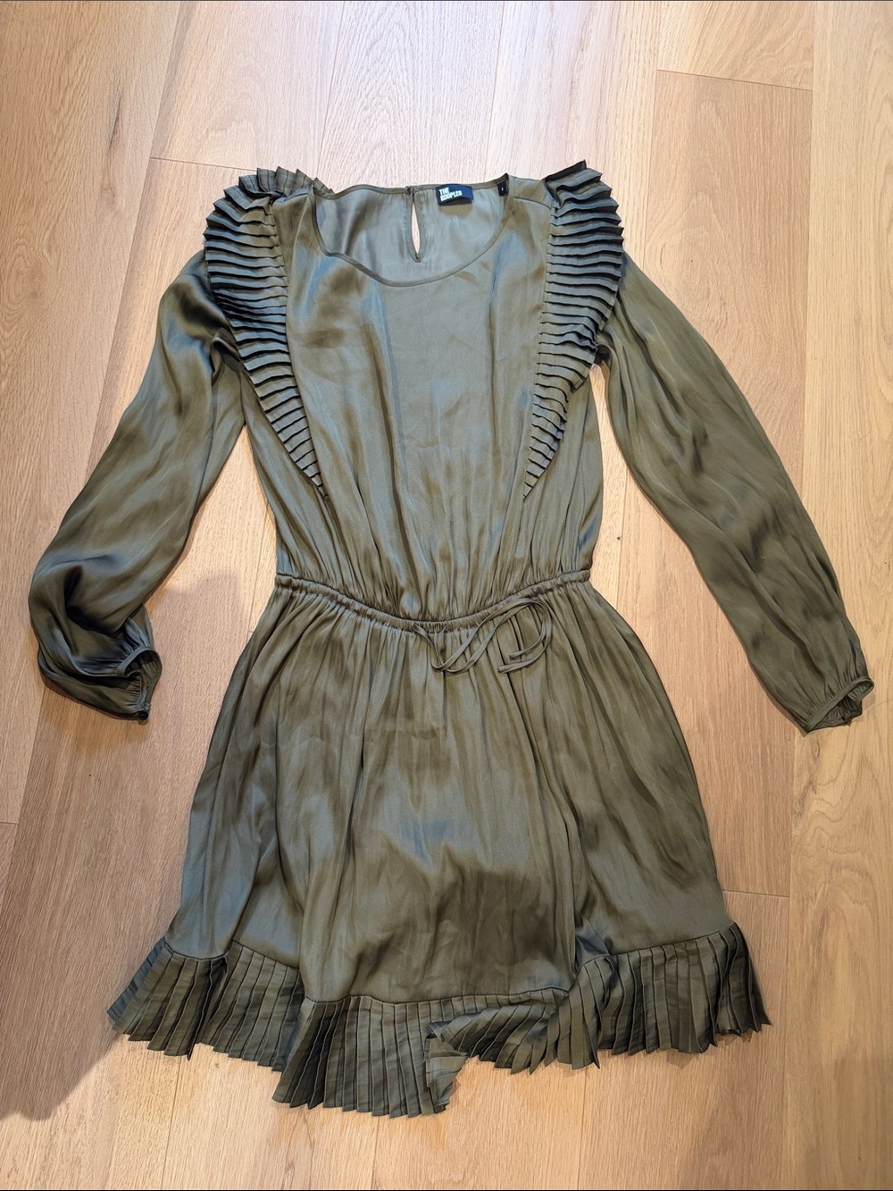 The Kooples Olive Green Pleated-Trim Mini Dress